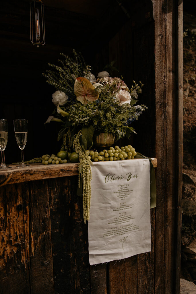 Cloth printed bar menu at satellite bar near Blackstone Rivers Ranch.